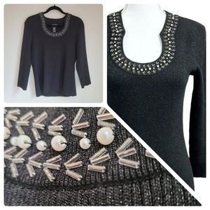 Cable & Gauge - Silk Blend Knit Sweater with Neckline Beading XL